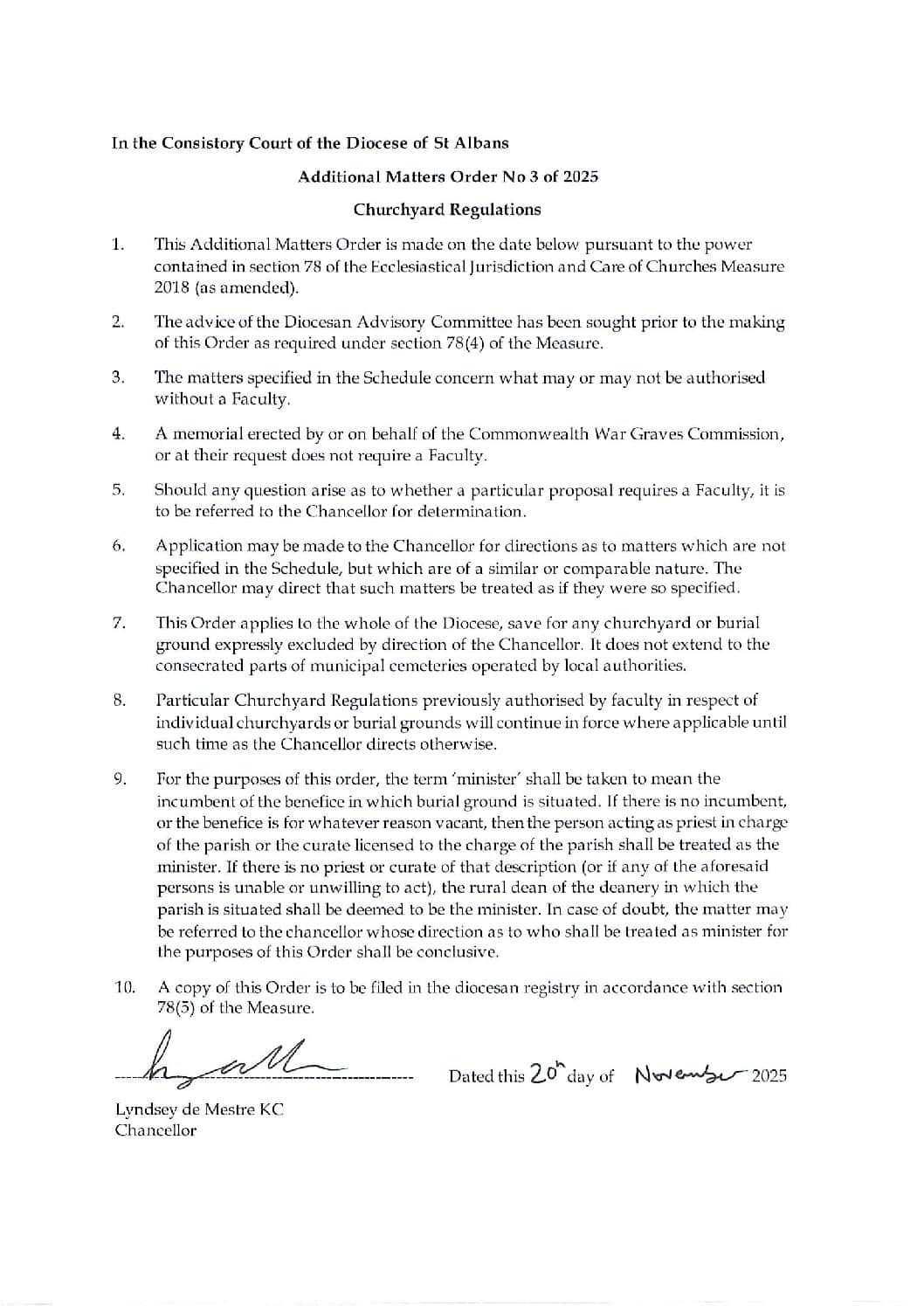 Additional Matters Order 3. 2025 Churchyard Regulations