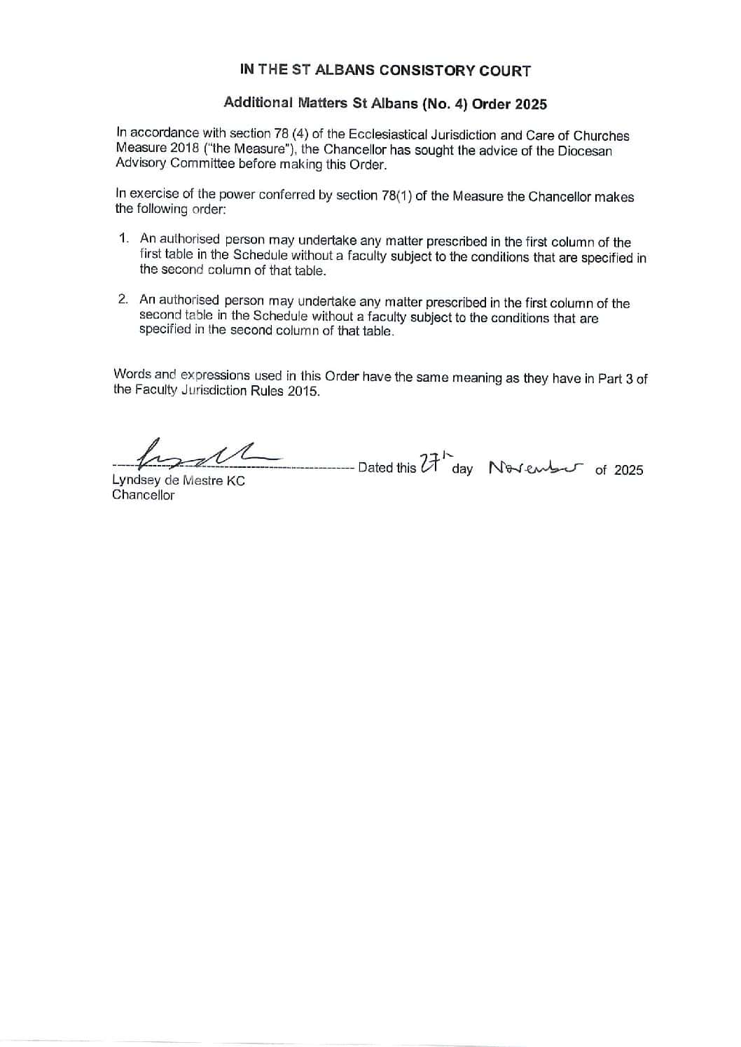 Additional Matters Order 4. 2025 Third party hiring of churches and church halls