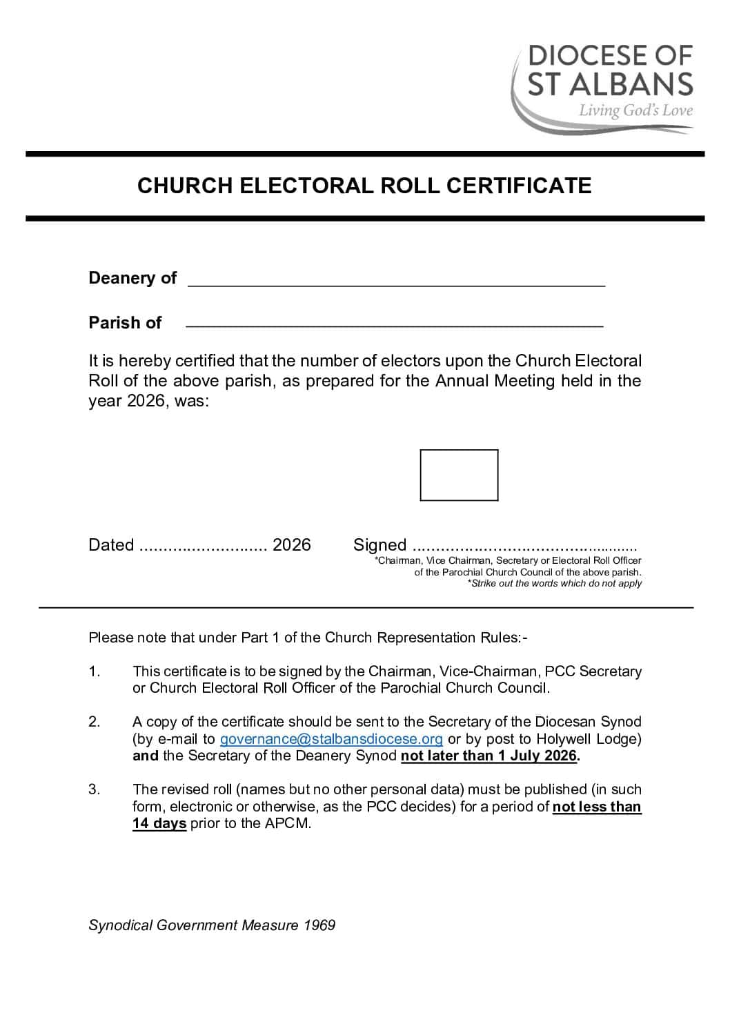 Church Electoral Roll Certificate 2026