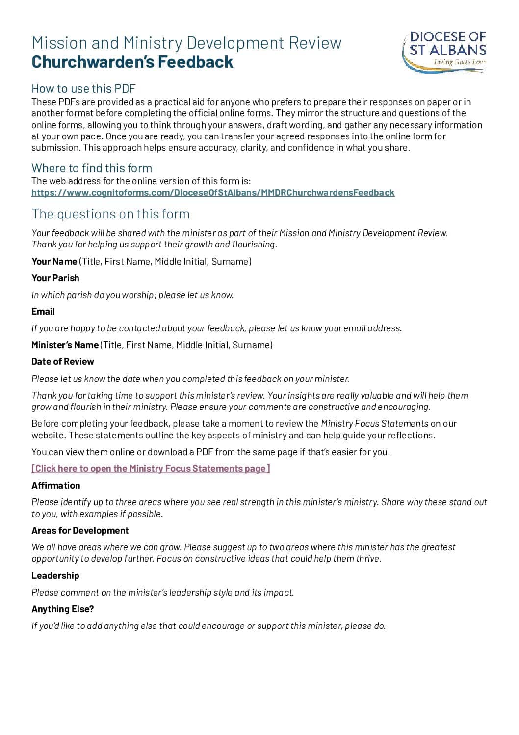 MMDR – Churchwardens Feedback