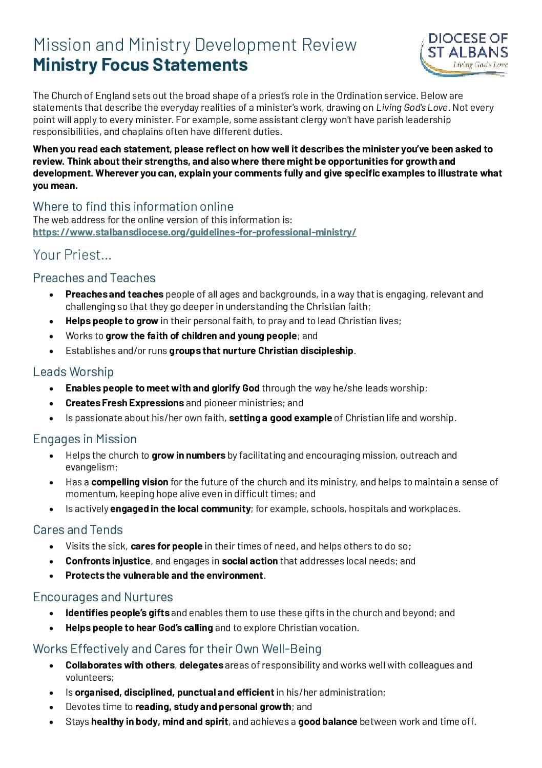 MMDR – Ministry Focus Statements