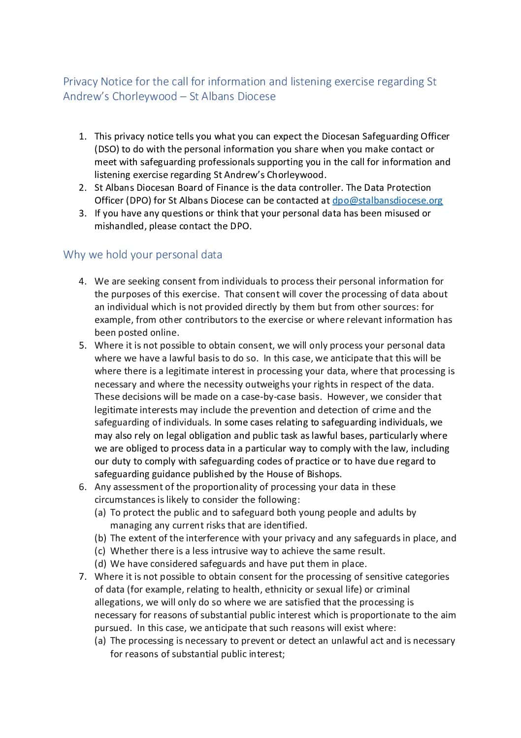 Privacy Notice Call for information and listening exercise