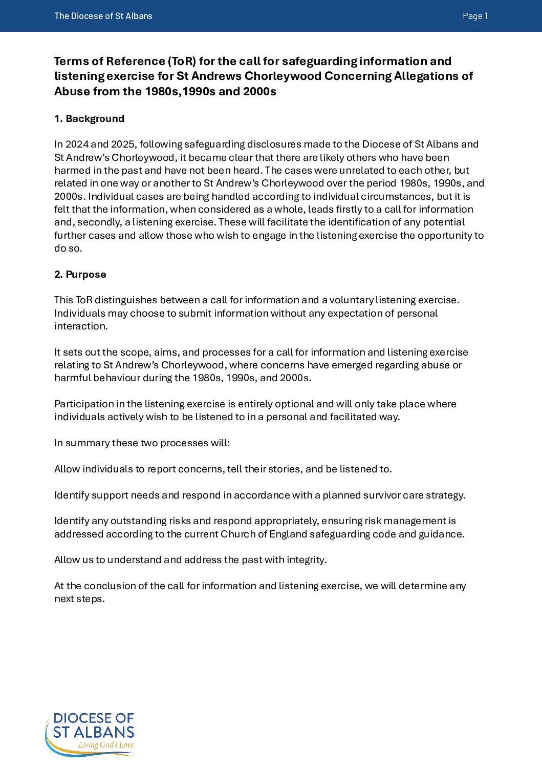 ToR Call for Information, Listening Exercise and Safeguarding Response St Andrew’s Chorleywood