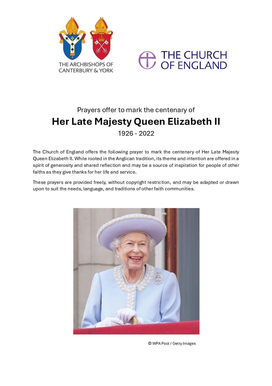 QEII Centenary Prayer – CofE