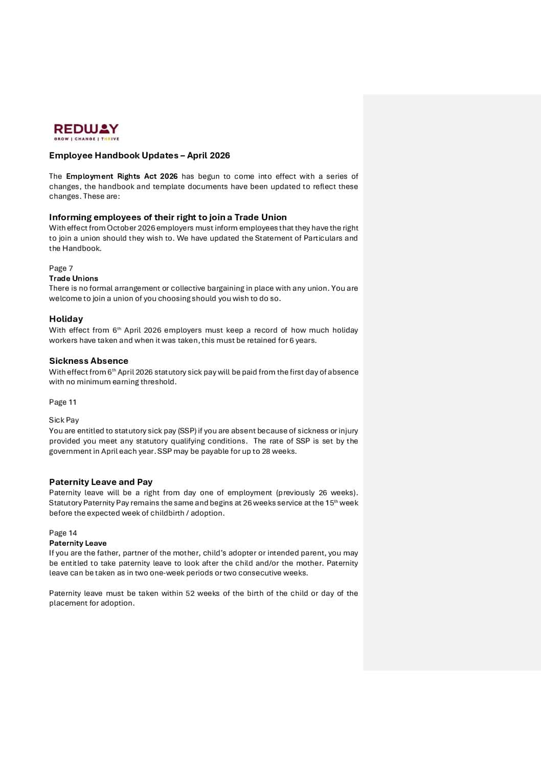 Summary of updates to Employee Handbook v4 April 2026