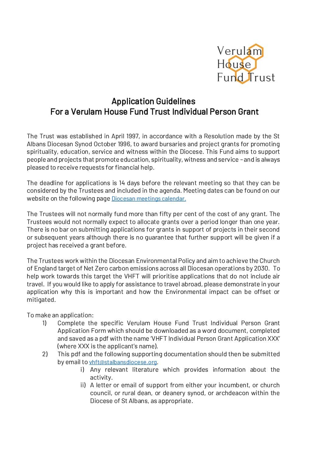 VHFT Grant Application Information – Individual Grants